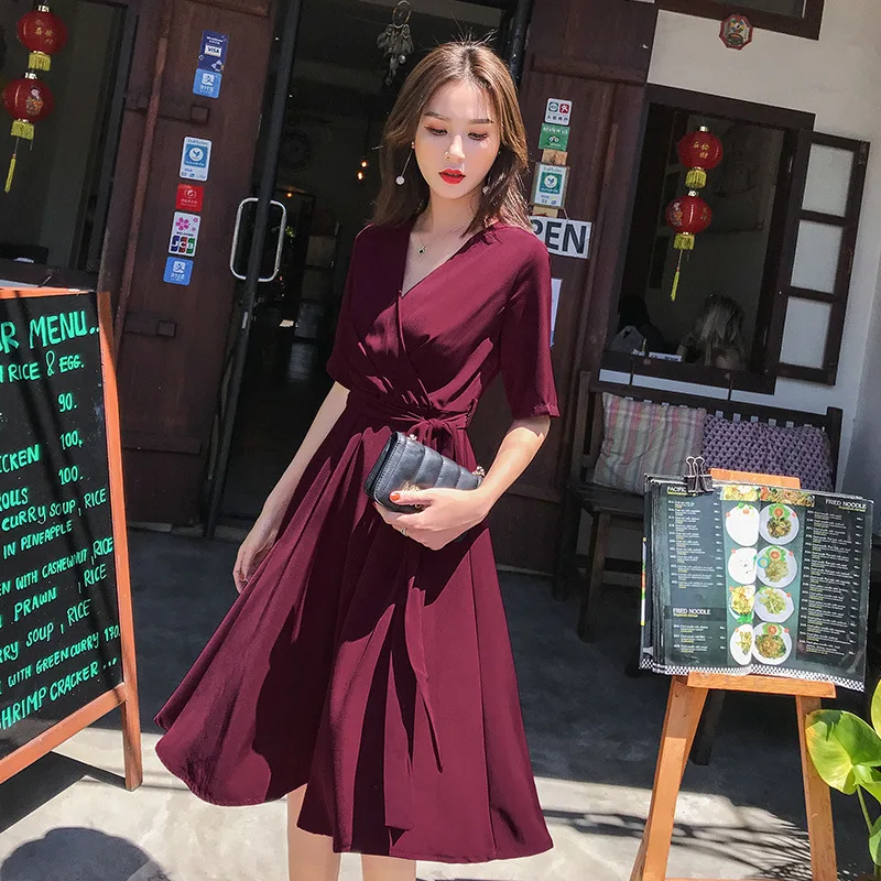 

2021 summer clothes solid color bohemian sexy halter strap red was thin dress