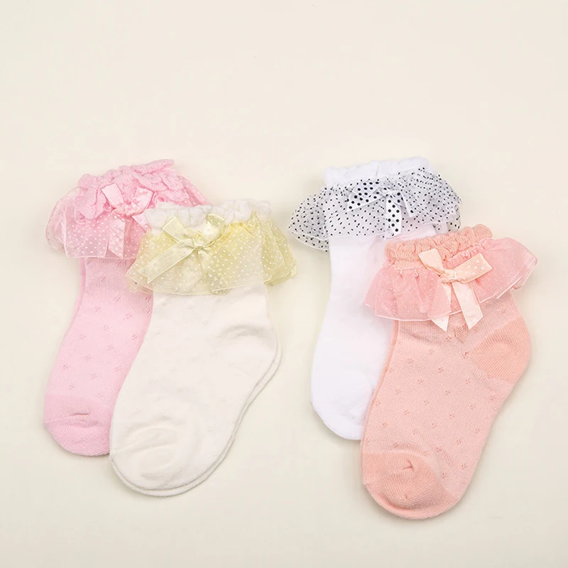 Calcetines de algod&oacute;n finos para beb&eacute; de 1 a 3 a&ntilde;os, medias de malla de encaje con nudo de lazo, w057-2