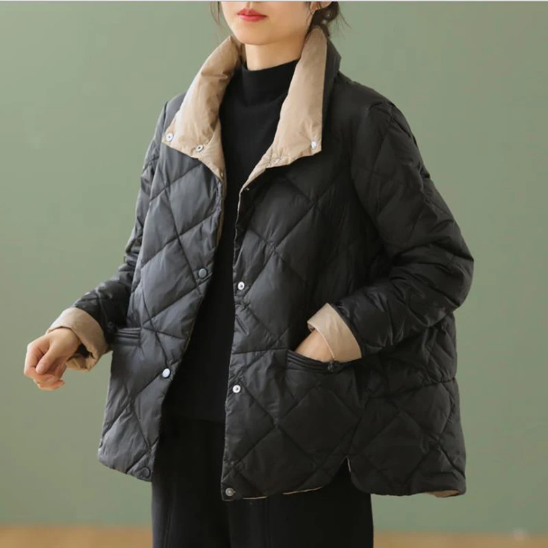Winter Oversize Duck Down Coat Women Vintage Short Puffer Jacket Autumn Pocket Casual Basic Parkas ED1677