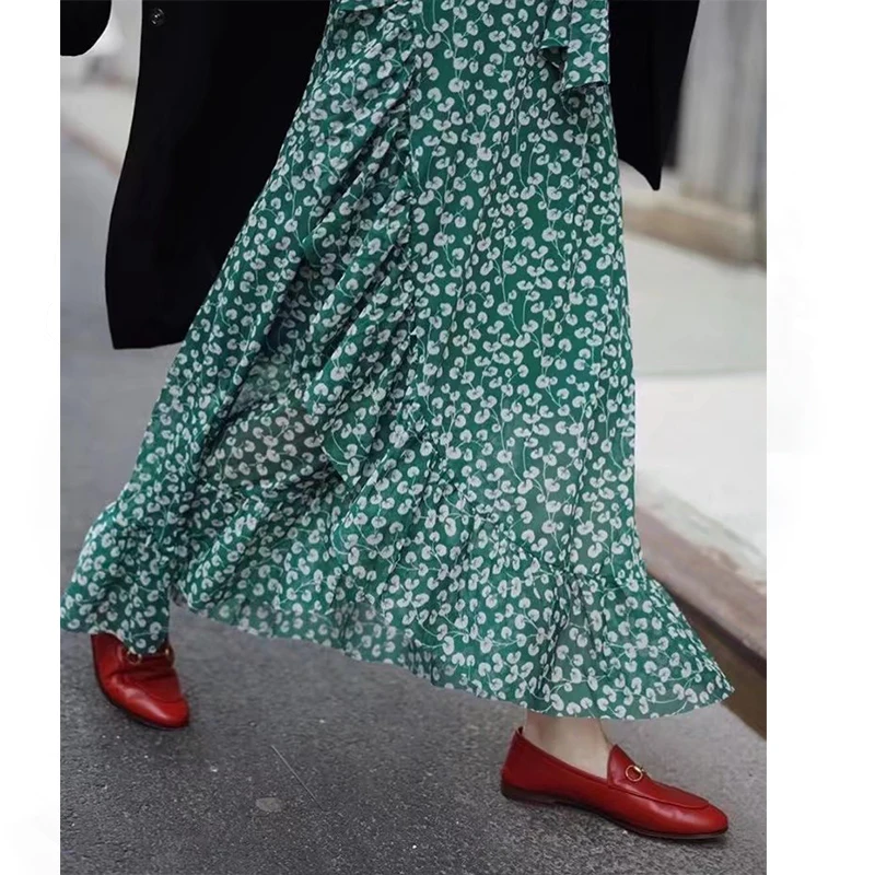 Summer style Casual irregularwomen beach boho maxi skirt 2019 Green Floral Chiffon Printed Lotus Skirt Wrap lace-up skirts | Женская