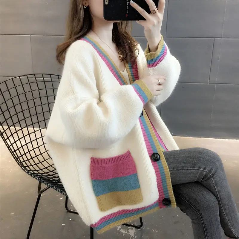 

New Spring Autumn Women Striped Sweater Coat Korean Style Long Sleeve Button Harajuku Knitted Cardigan Sueter Feminino