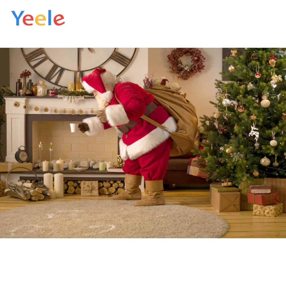 

Christmas Santa Claus Fireplace Candle Clock Carpet Gift Backdrop Photography Custom Photographic Background For Photo Studio