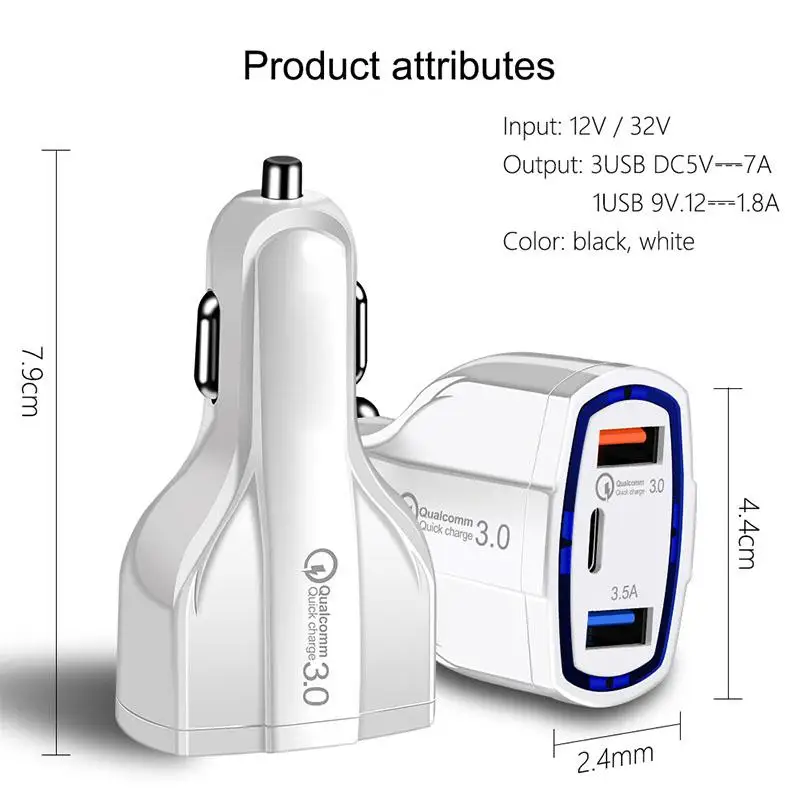 

10Pcs/lot 35W 7A 3 Ports Car Charger Type C And USB Charger QC 3.0 Qualcomm Quick Charge 3.0 Technology For Mobile Phone Tablet