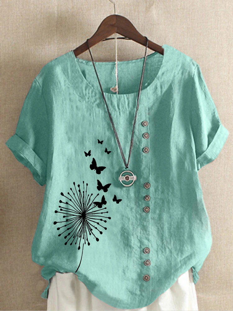 

Women 's Summer Dandelion Butterfly Printed Short Sleeve Round Neck T-shirt Ladies Casual Linen Shirts Plus Size Tops