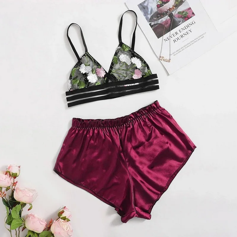 

Puimentiua Two Pieces Pyjamas Women Sexy Lingerie Pijama Mujer Femme Pijama Female Sexy Lounge Sets Satin Lace Sleepwear Set