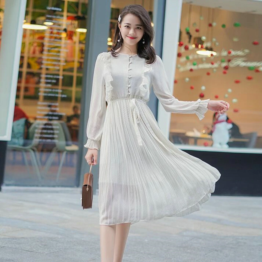 Женское платье в горошек с длинным рукавом 2019 осеннее корейское повседневное