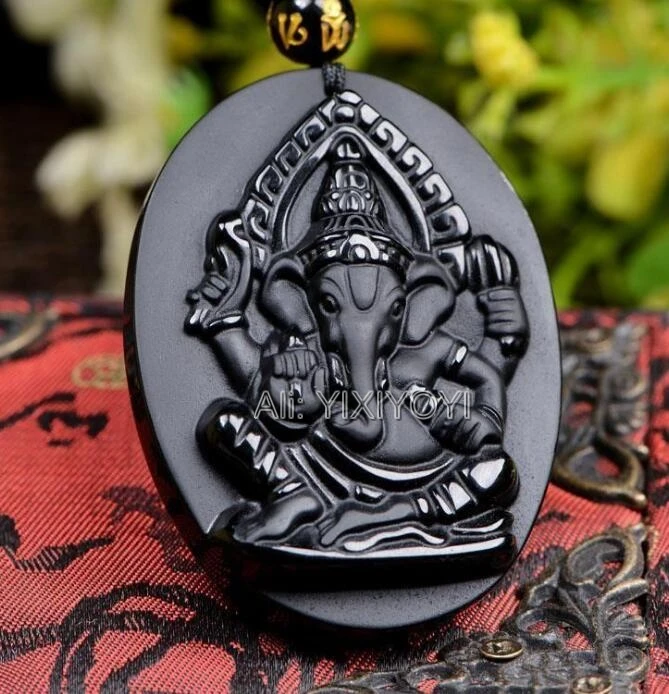 Beautiful Handwork Natural Black Obsidian Carved Elephant Nose Buddha God of Wealth Lucky Pendant + Beads Necklace Gift Jewelry