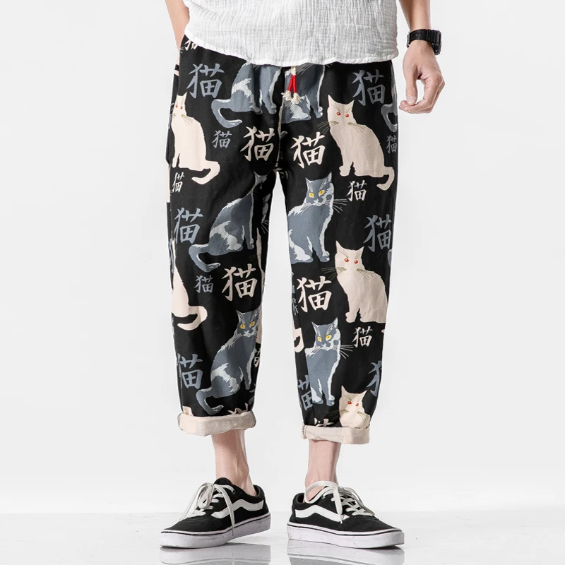 

Men's China Style Cat Print Loose Casual Streetwear Oversize Cotton Harem Trousers Sprint Summer Male Harajuku Fashion Pants
