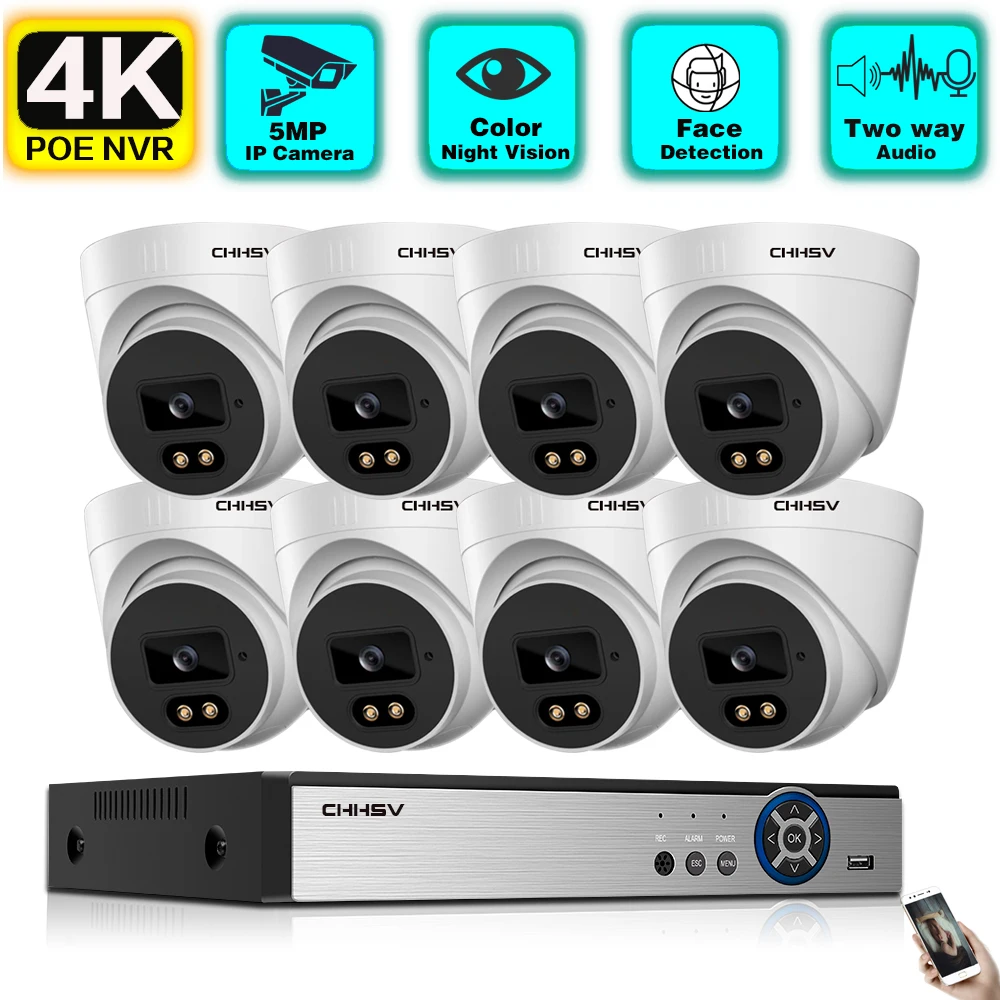 5MP Ultra HD POE камера видеонаблюдения двухстороннее аудио H.265 Kit 8CH 4K NVR открытый дом