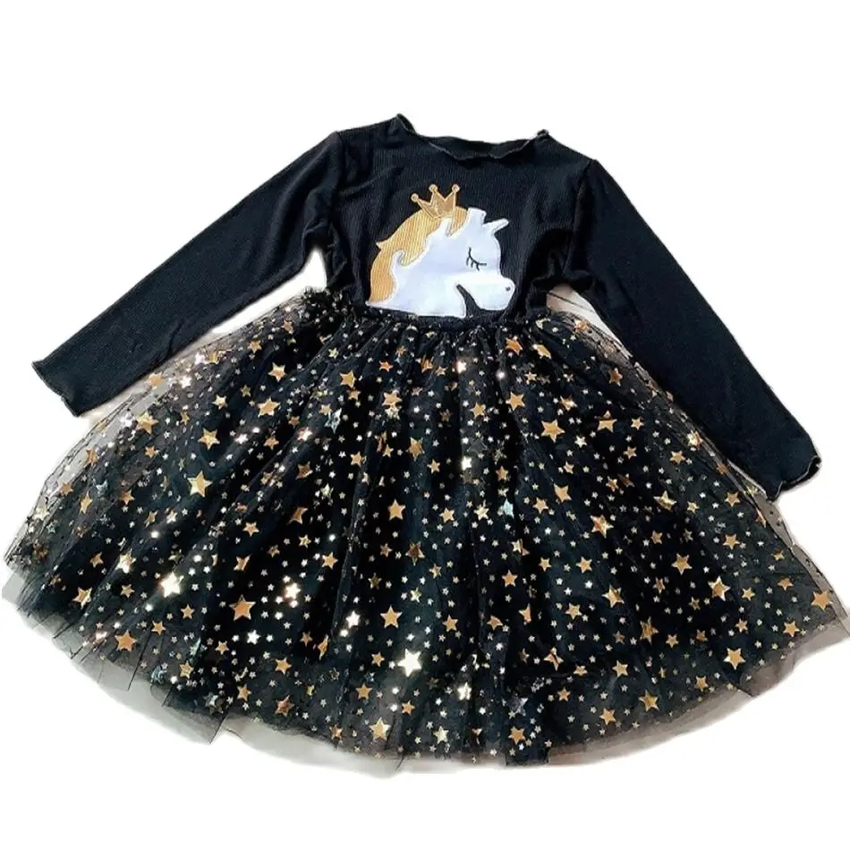 Baby Girl Cute Unicorn Dresses Autumn Long Sleeve Knitted Girls Dress Christmas Party Star Mesh Princess Children Clothing | Детская