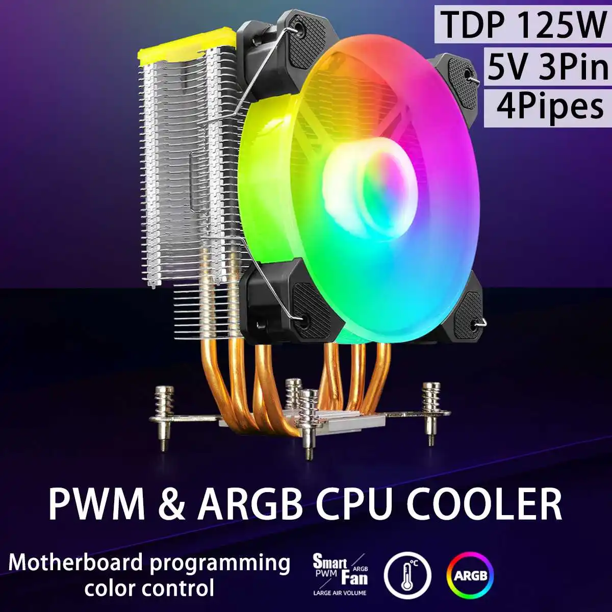 

Кулер для процессора ARGB с 4 тепловыми трубками, бесшумный радиатор PWM, 3 контакта, TDP, 125 Вт для Intel LGA 1200 1150 1151 1155, вентилятор SMA AM4 AM3 + AM2 FM2