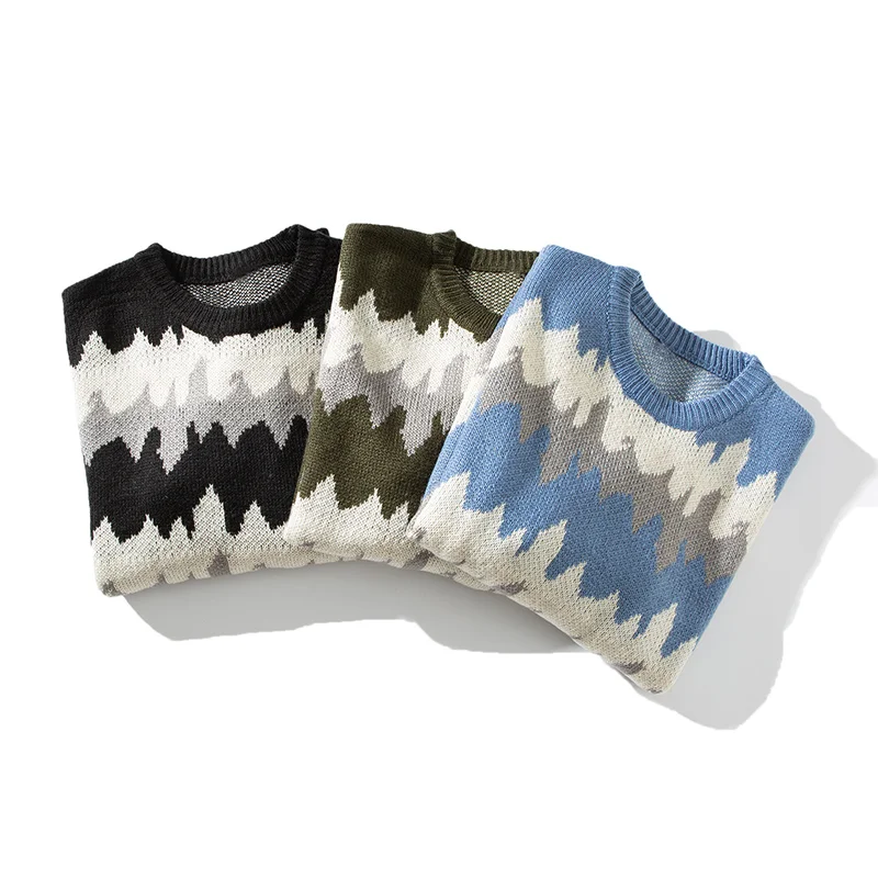 Мужской свитер в уличном стиле ретро с волнистым узором Осень-зима 2021 новый