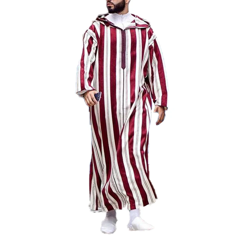 2021 New Pakastani Clothes Spot Casual Loose Thin Striped Red Lapel Muslim Robe Men Wholesale Мусульманские Платья Jl008