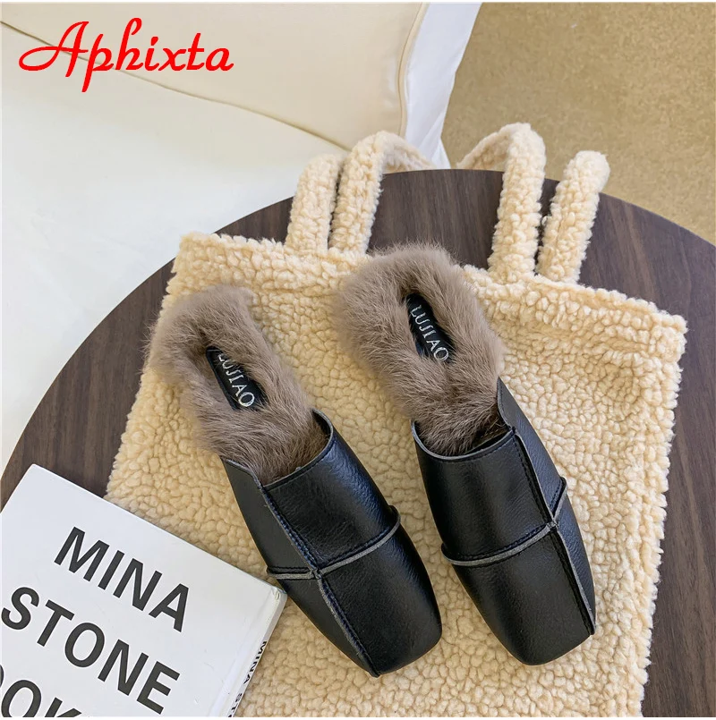 Aphixta/зимние теплые женские шлепанцы с натуральным кроличьим мехом; женские пушистые тапочки; женские шлепанцы на плоской подошве с квадратным носком