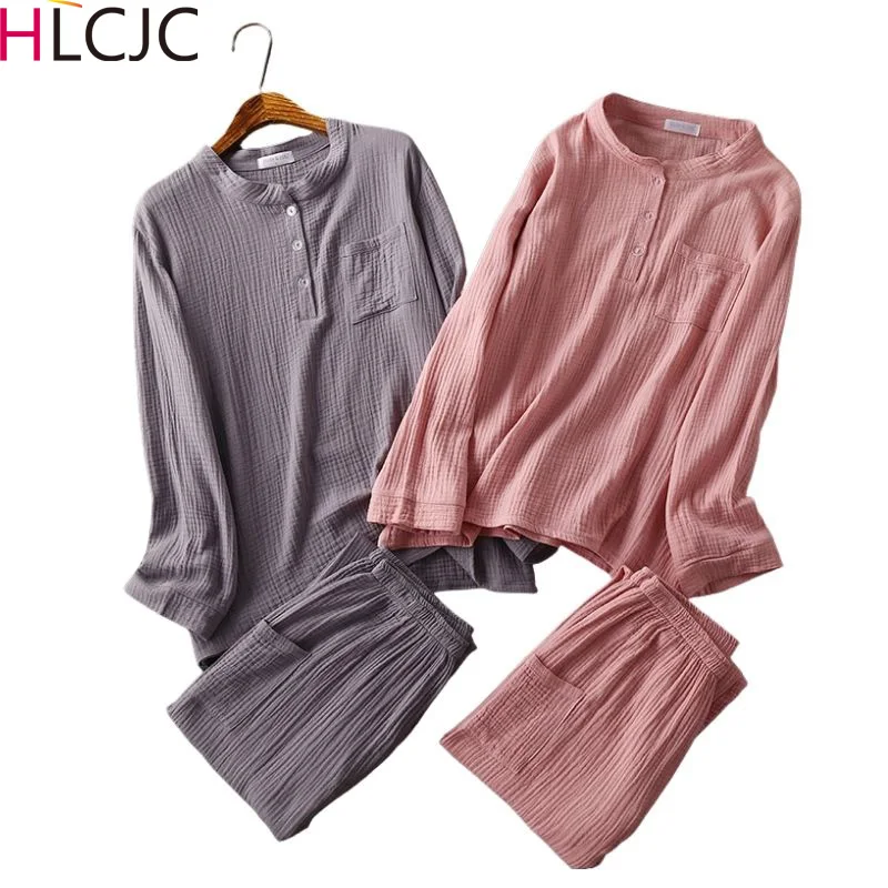 

Womens Cotton Water-washed Texture Crepe Gauze Long-sleeved Trousers Pajamas Household Suit Plus Size Maternity Set Clothes