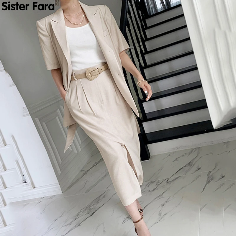 

Костюм женский летний из блейзера с коротким рукавом и юбки с высокой талией