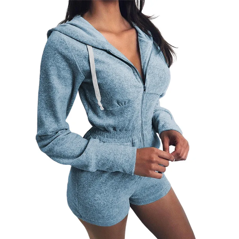 Женское боди с длинным рукавом на молнии капюшоном|Комбинезоны c шортами| |