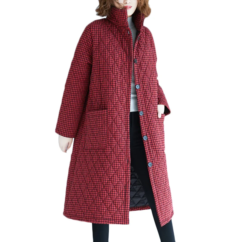 

Женское хлопковое пальто в стиле ретро, длинная клетчатая теплая пуховая куртка, Женская свободная Толстая Повседневная парка с воротником...