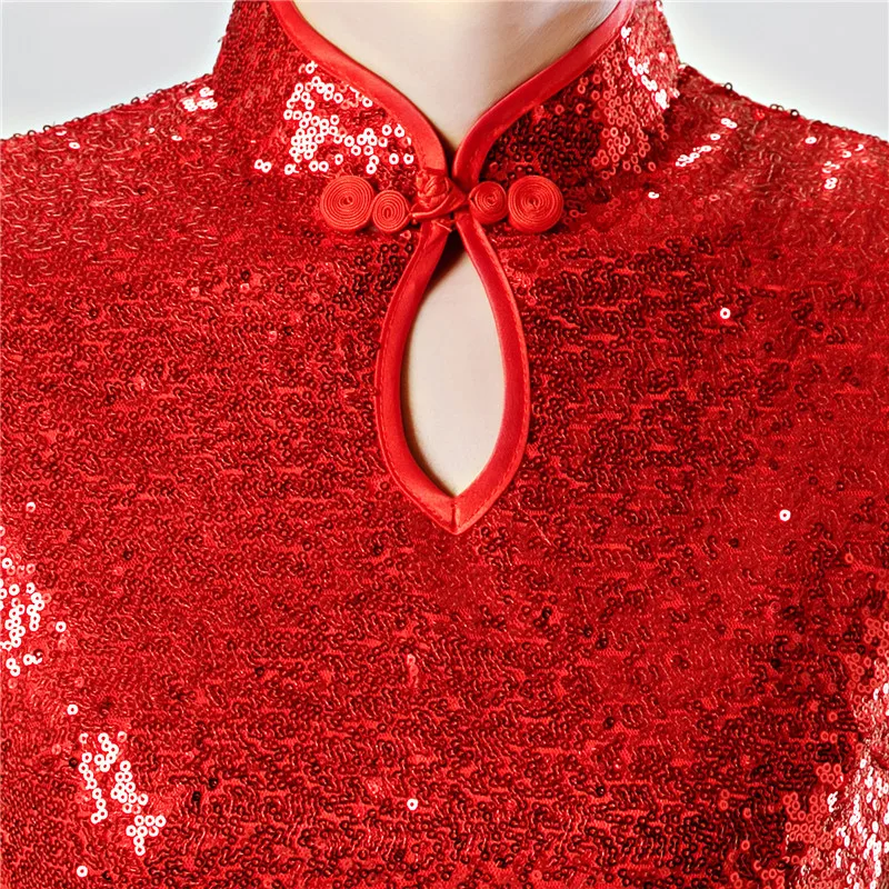 Красное Длинное китайское платье с блестками Cheongsam современное свадебное