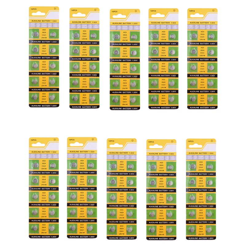 

100pcs /10 Cards 30mAh 1.55V AG3 392A L736 LR41 392 384 SR41SW CX41 192 AG 3 Button Cell Coin Battery For Watch Toys Remote