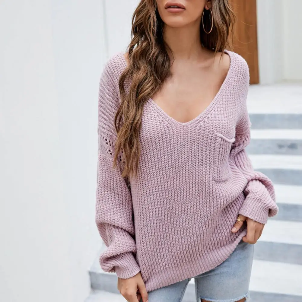 

Женский трикотажный топ с V-образным вырезом, однотонный пуловер с рукавами-фонариками и карманами, повседневная одежда, осень-зима 2021