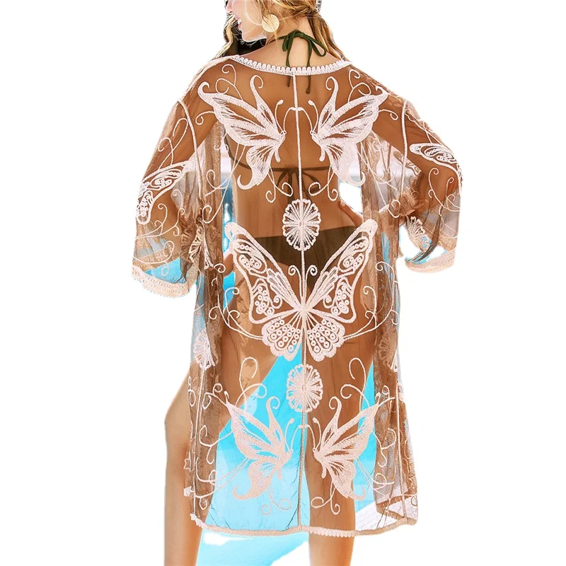 

Bohemian Dress Sexy Transport Lace Beach Cover Up for Swimwear Women Pareo Butterfly Summer Bikini Cover-up See Through Tunic