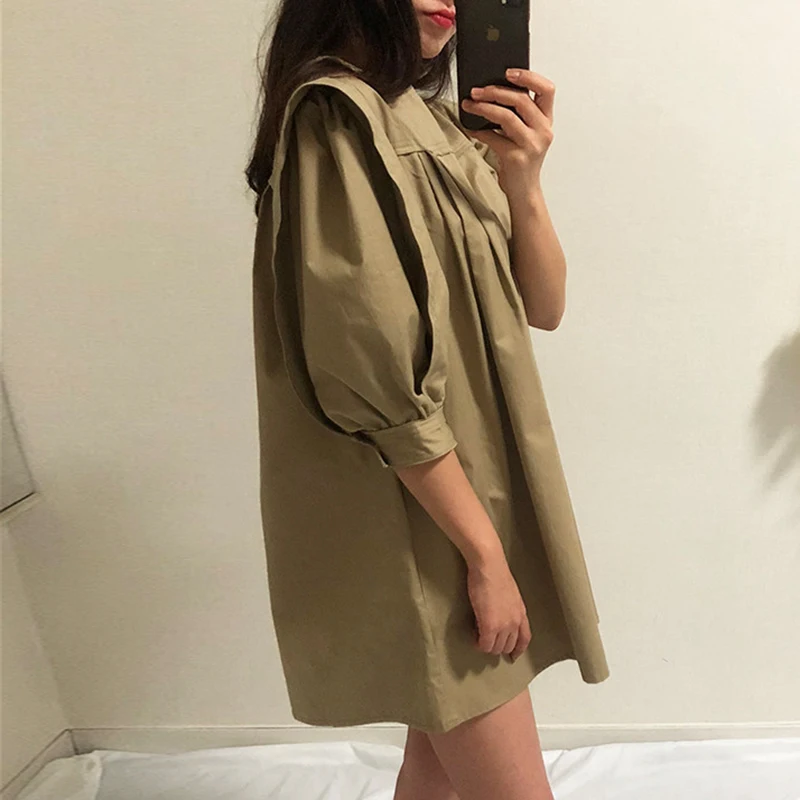 

2020 summer simple round neck butterfly sleeve loose casual wear ladies elegant loose khaki dress