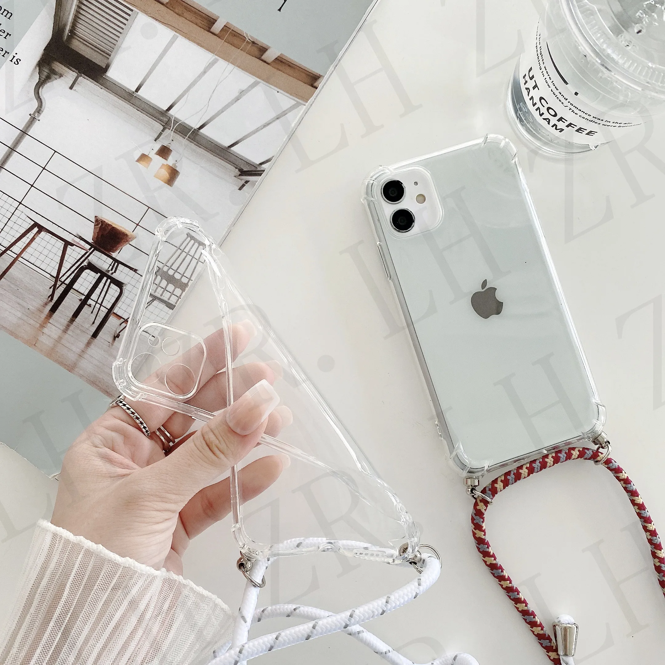 Transparent Soft TPU Phone Case For iphone 13 12 Mini 6 7 8 Plus X XS 11 Pro MAX XR SE With Lanyard Neck Strap Rope Cord Case