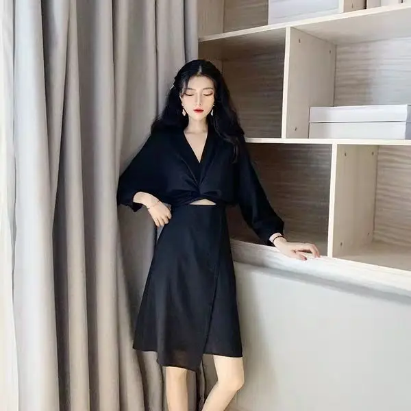 

Solid Black Apricot Dress Three Quarter Sleeve Warp V-neck Sexy 2020 Women's shirt dress maxi Twist Bow High Street