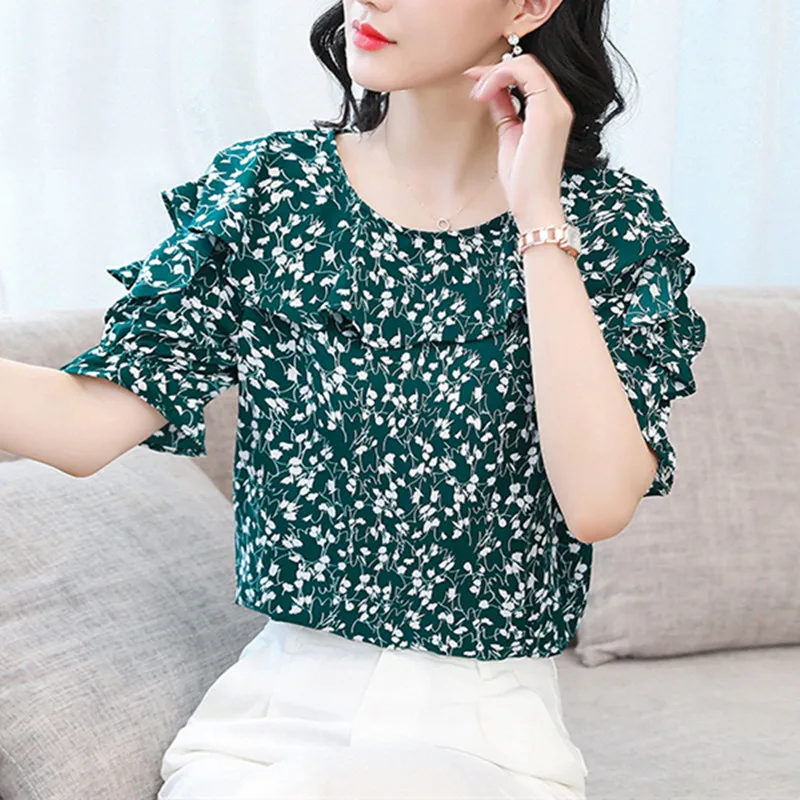 

Korean Women's Shirt Chiffon Blouse for Women Short Sleeve Floral Shirt Female O-neck Print Blouse Top Female Oversize Blouse OL