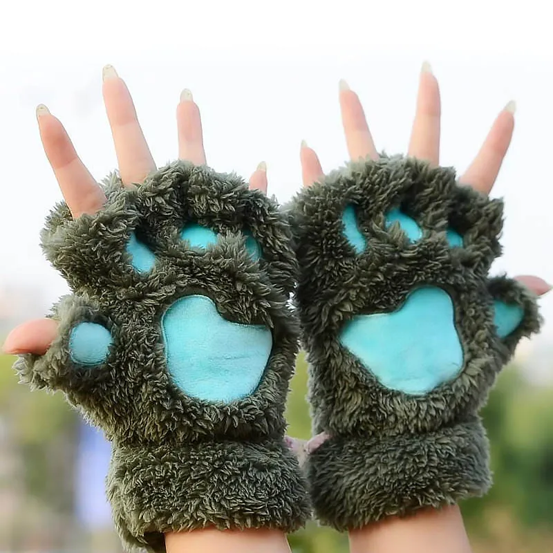 Перчатки без пальцев с кошачьей лапой милые зимние теплые мягкие плюшевые
