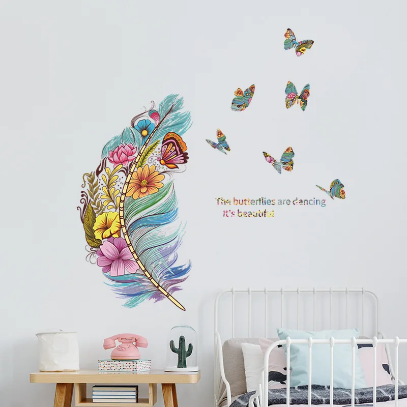 

New Cartoon Color Feather Butterfly Children's Bedroom Porch Wall Beautification Decoration Wall Sticker