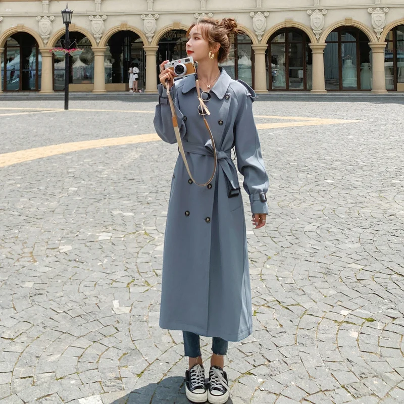 

Fashion New Blue Green Purple Long Double-Breasted Women Trench Coat Lady Duster Coat Spring Autumn Outerwear Female Clothes