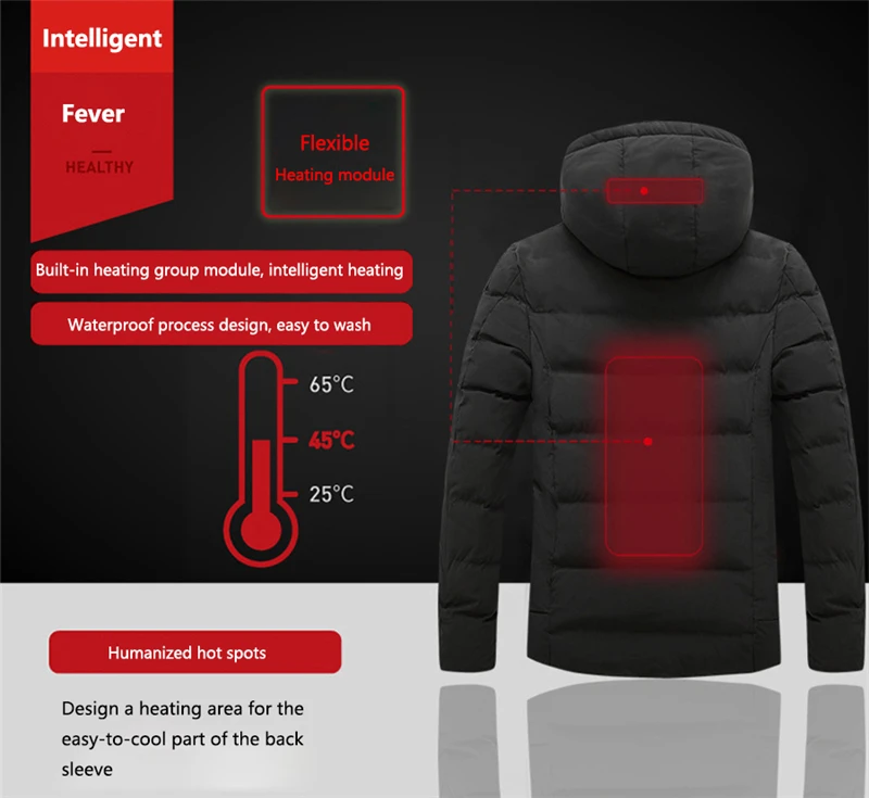 RUELK 2020 Winter Mens Fashion Padded Jacket Padded Jacket Smart Heating Padded Jacket Hooded Electric Heating Jacket Large Size
