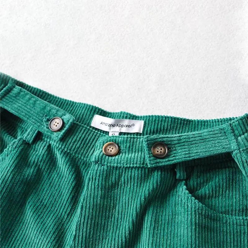 

2021 Summer Women's Casual Trousers Pure Color Vintage Corduroy Pocket Shorts Waist Adjustable Button Straight High Waist Pants