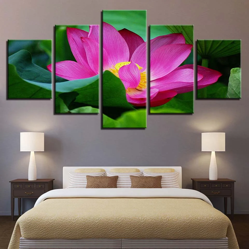 

Wall Art 5 Pieces Pink Lotus Flower Painting Water Lily Poster Canvas Print Pictures Living Home Room Decoration