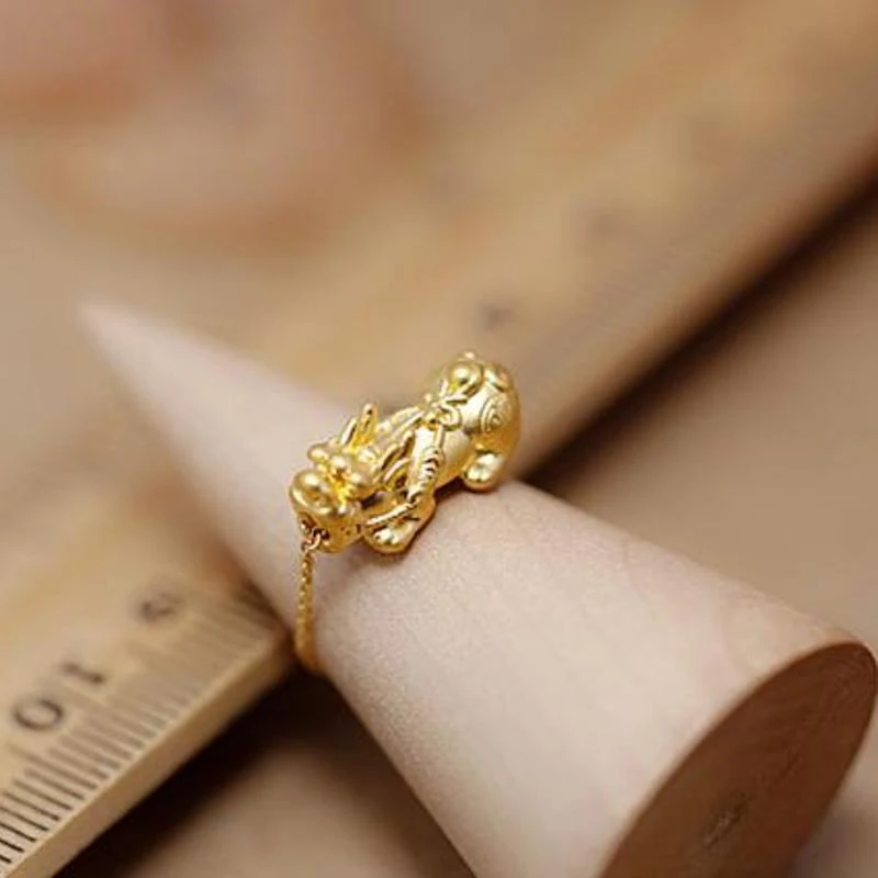 Кольцо из чистого твердого 24 К желтого золота для женщин 3D Luck Pixiu+ O Chain мягкое кольцо US6-8