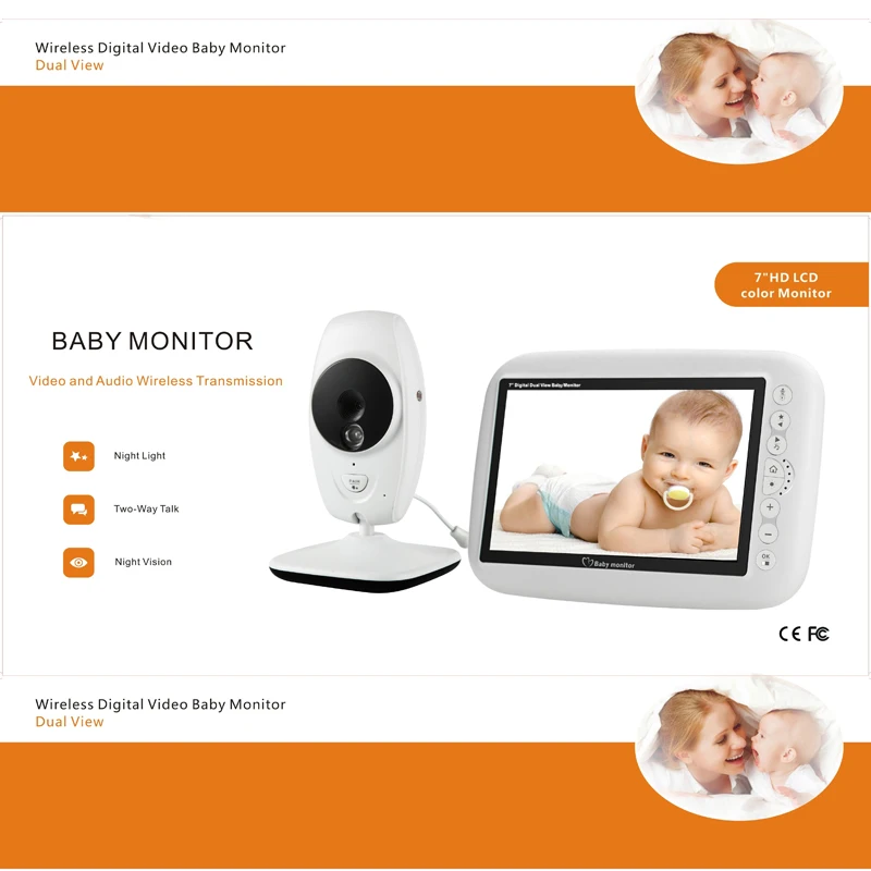 

Night Vision 7 Inch Wireless Baby Monitor Intercom Lullaby Nanny Baby Video Monitor Supports Screen Switch 720P HD Screen Camera