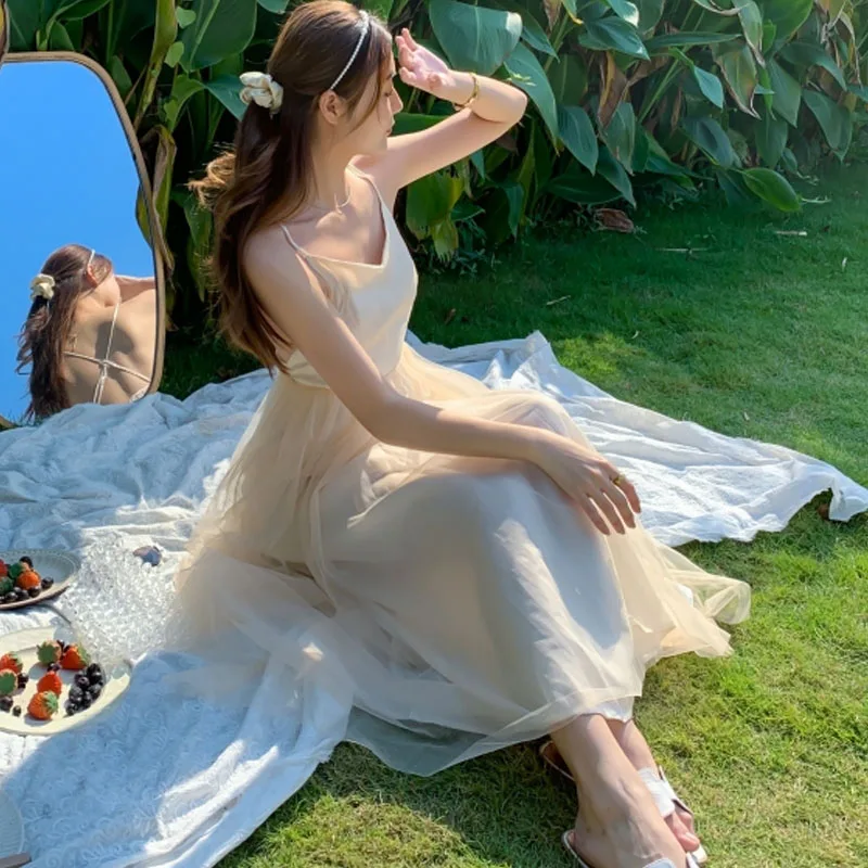 

Backless Spaghetti Strap Sexy Dress Women Mesh Beach Holiday Summer Dress 2021 Solid Fairy Party Female Dresses Vestidos 13232