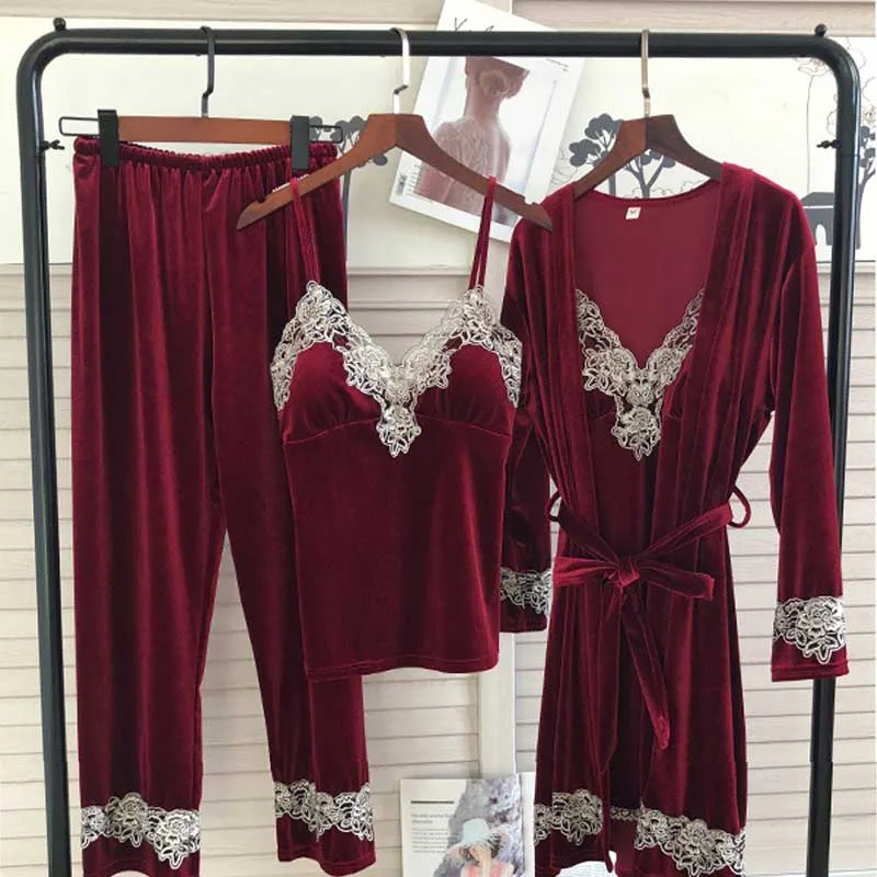 Женские пижамы, 4 шт., пижамы, зимние, теплые, утолщенные, пижамы, набор с подушками на груди, с длинным рукавом, сексуальные, кружевные, женские пижамы, пижамы