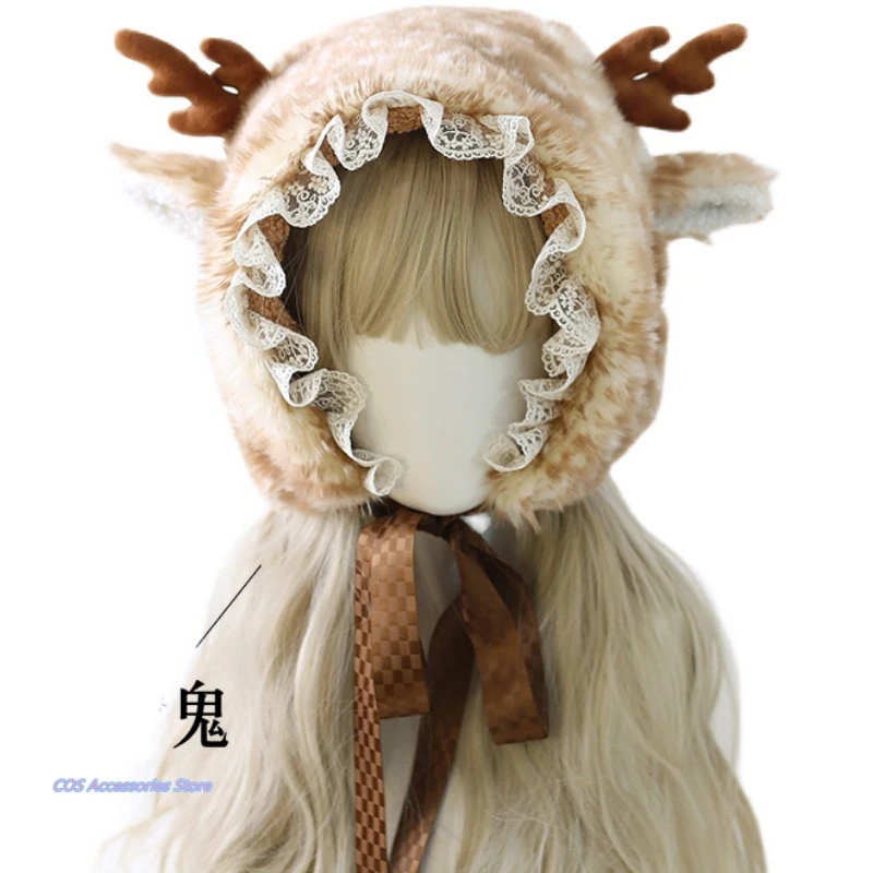 

Japanesse Original Soft Sister Lolita Plush Sweet Cute Autumn Wimter Lei Feng Cap Antlers Cute Ear Cat LaceKeep Warm Girls