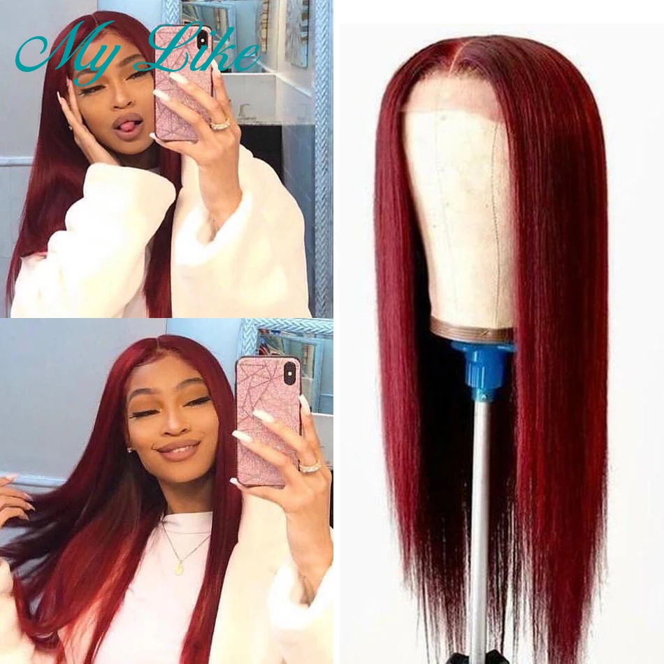 

Парики из натуральных волос My Like 13x 4, бордовые, 99j, красные, бразильские, Реми, прямая шнуровка, парики, для женщин