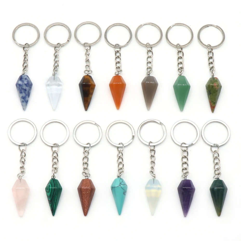 

Natural Semiprecious Stone Amethyst Green Aventurine Agate Quartz Cone Keychain Pendants for Women Men Gifts Size 31x14mm