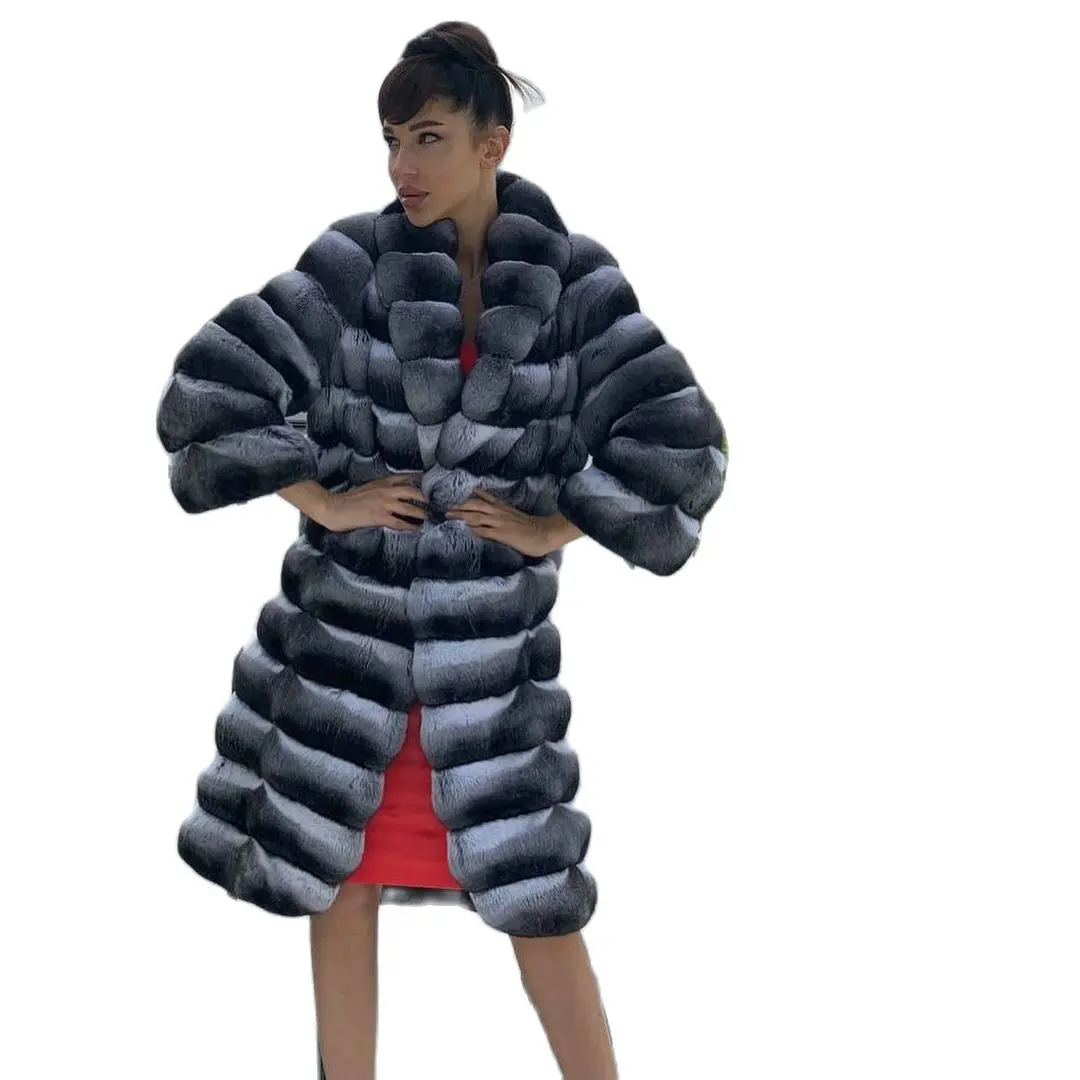 Long Real Rex Rabbit Fur Coat Chinchilla Color Natural Women Whole Skin Genuine Rex Rabbit Fur Overcoat Luxury Fur Coats Female