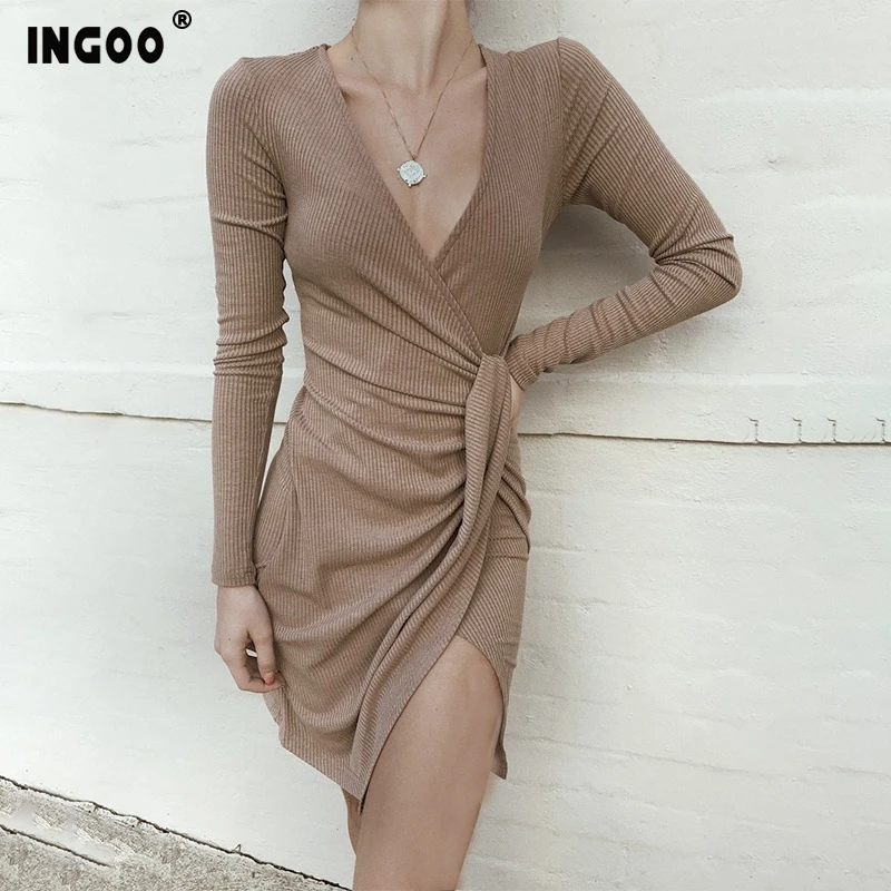 INGOO весеннее сексуальное Бандажное платье с глубоким v-образным вырезом