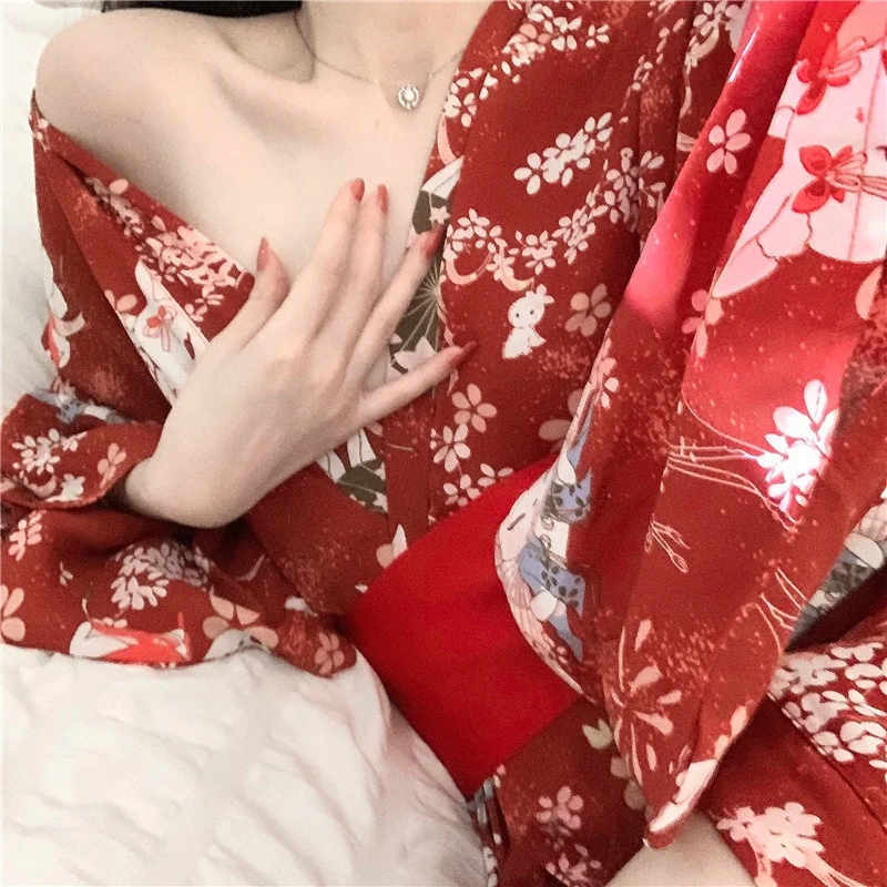 

New Kimono Pajama Summer New Japanese Style Floral Printing Loose V-Neck High Waist Sexy Short Yukata Dresses Fashion Pajamas