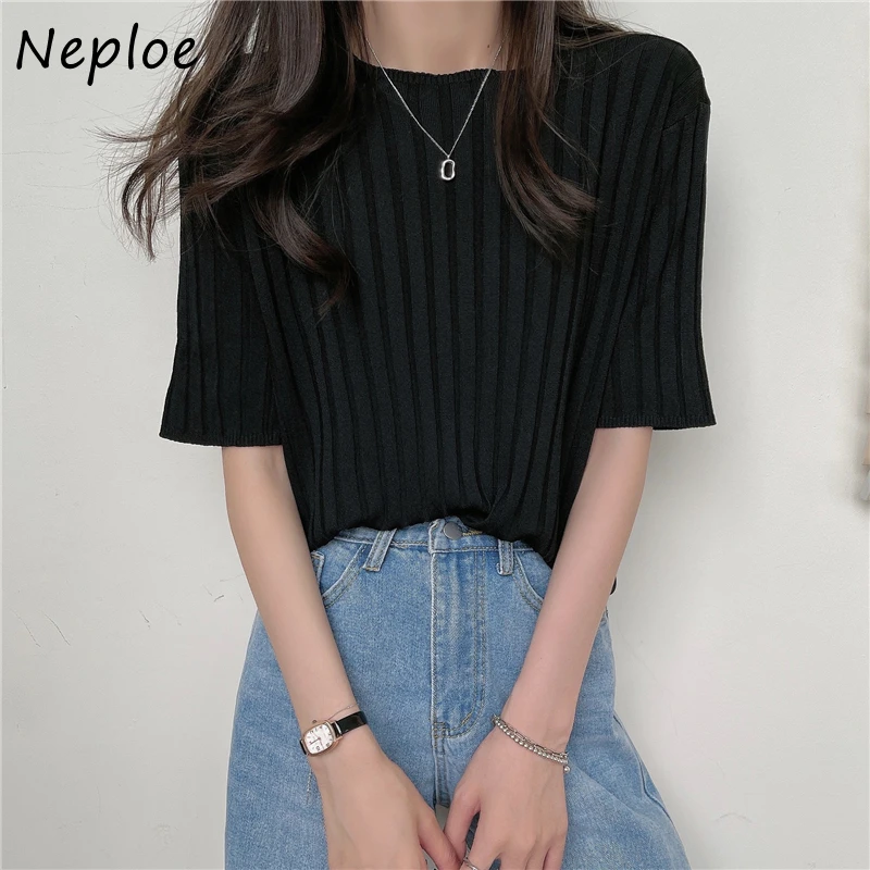 Neploe корейский пуловер с круглым вырезом Вязаная футболка коротким рукавом