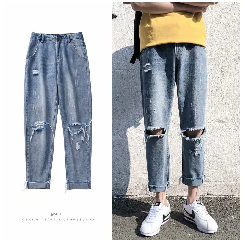

2019 Summer New Fashion Casual Men's Jeans Male Spring Autumn Streetwear Loose Keen Holes Frayed Ankle Length Denim Trousers
