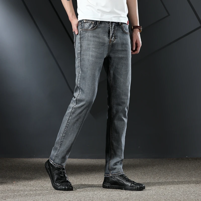 

SHAN BAO Men's Fitted Straight Jeans Personalized Embroidery 2021 Spring Classic Brand Youth Fashion Slim Cotton Stretch Jeans