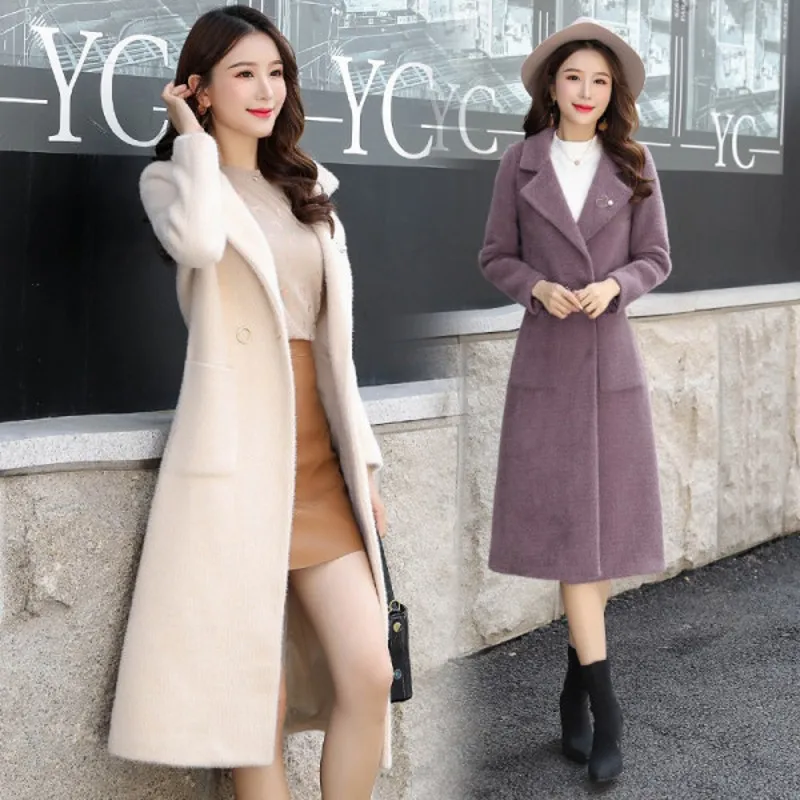 

Winter Women High Quality Faux Rabbit Fur Coat Long Fur Coat Loose Lapel OverCoat Thick Warm Female Plush Coats